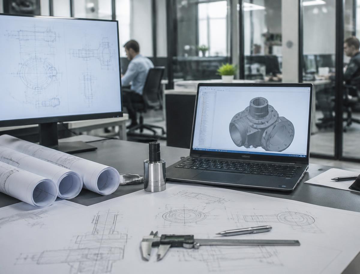 Poste de travail d'ingénierie avec plans techniques et modélisation 3D