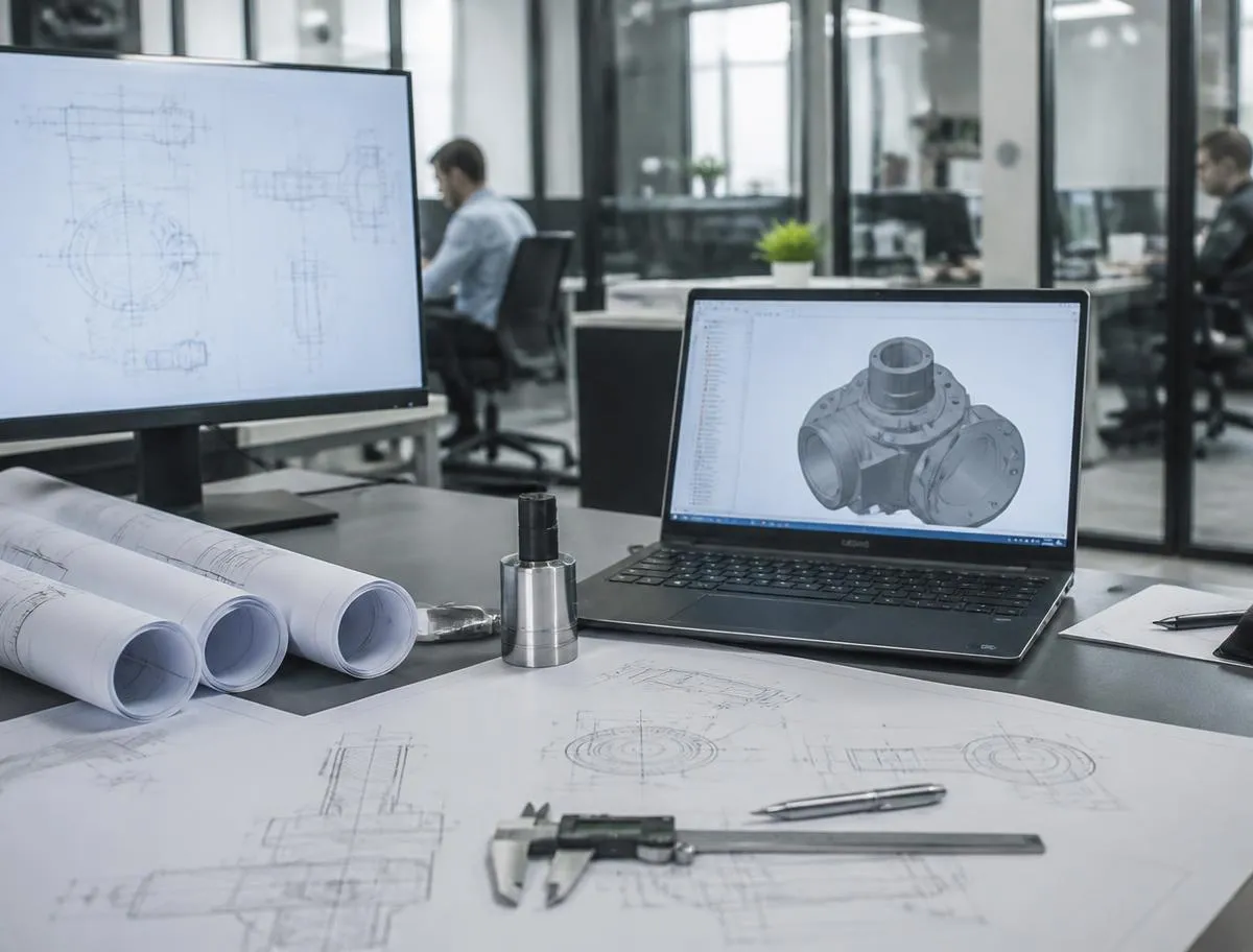 Poste de travail d'ingénierie avec plans techniques et modélisation 3D