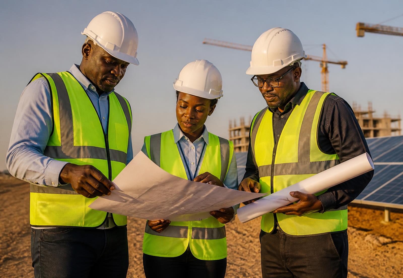 Ingénieurs sur un chantier de construction et d'installation solaire au Tchad