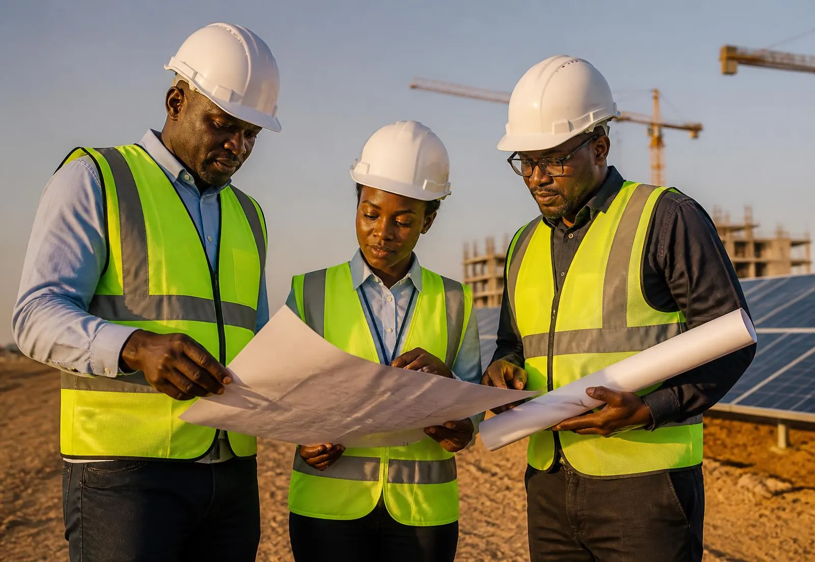 Ingénieurs sur un chantier de construction et d'installation solaire au Tchad